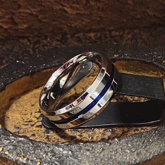 Men's Wedding Ring Band - Silver with Blue Line Center Groove Blue Line Ring - Picture 5 of 5